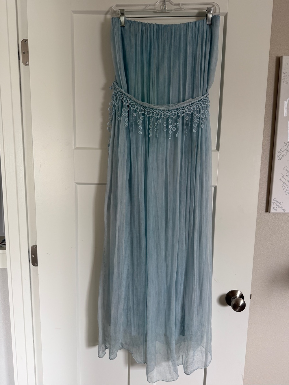 Scandal Italy Strapless Boho Blue Maxi Dress with Lace Trim